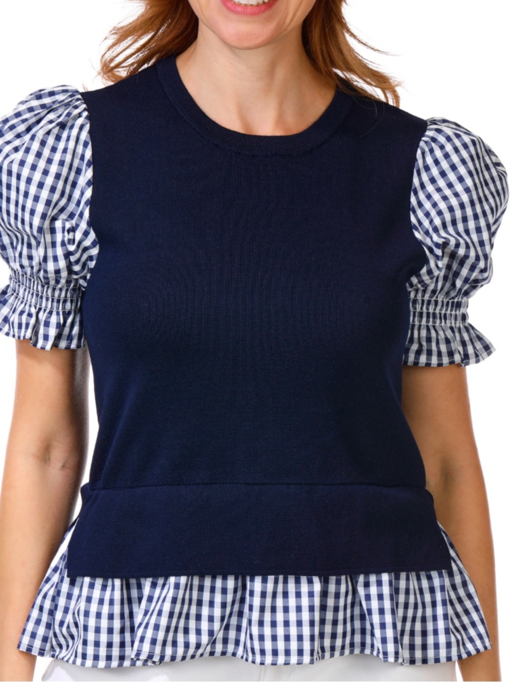 Nanette Lepore Twofer Navy with Gingham Puff-Sleeve Knit Top w